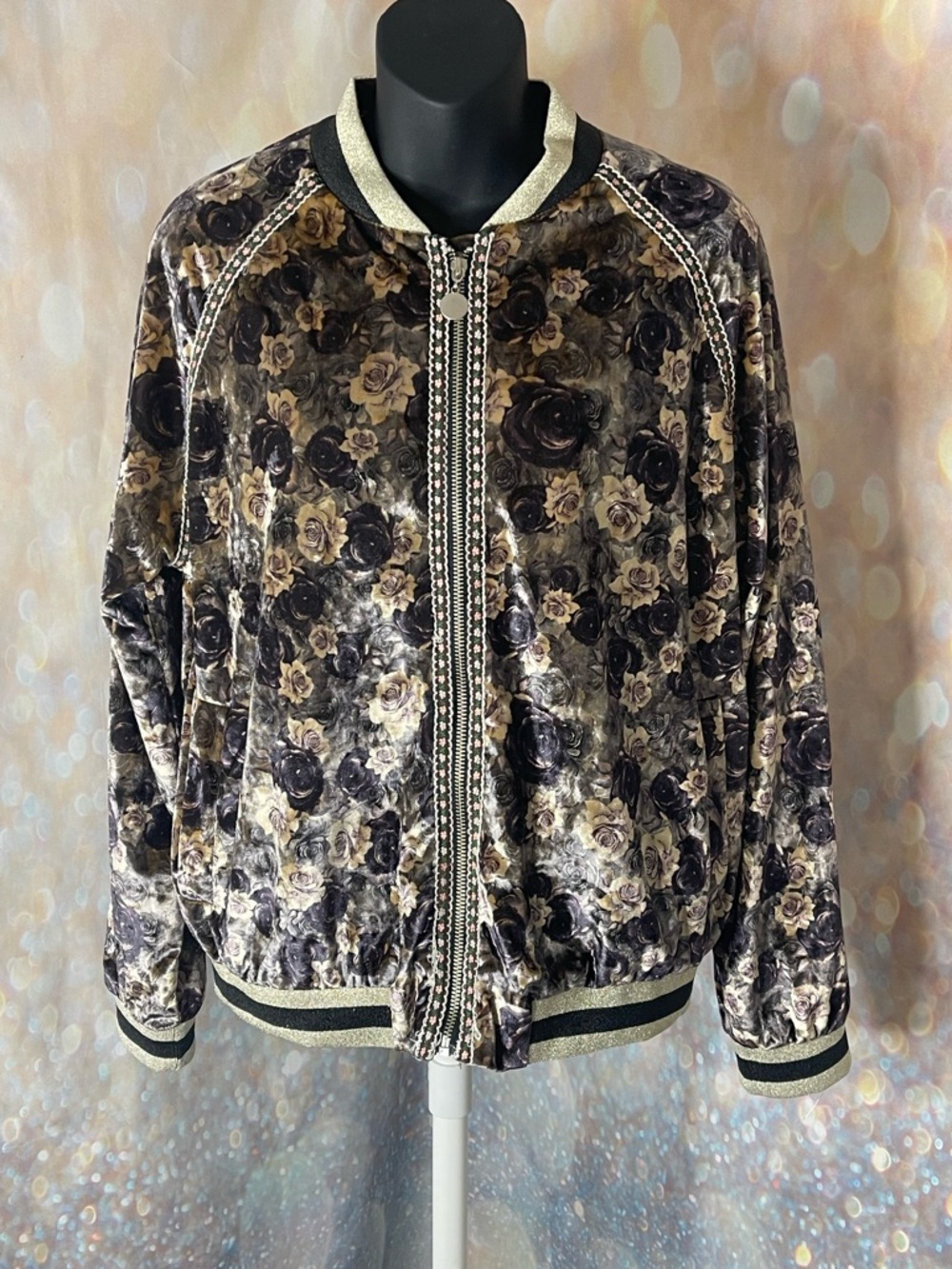POL Cream & Purple Floral Bomber Jacket Boho Size S